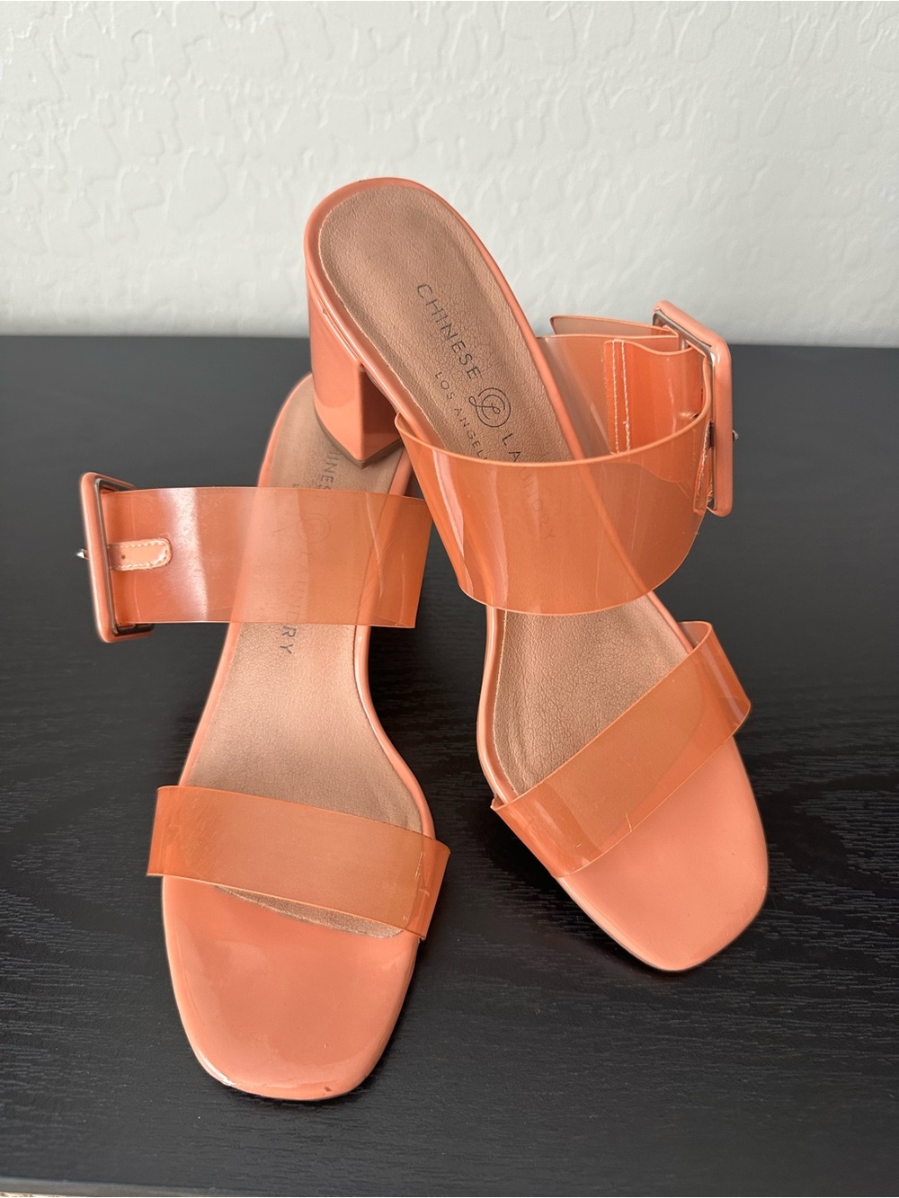 Chinese Laundry Coral-Orange Patent Buckle Block Heel Mules